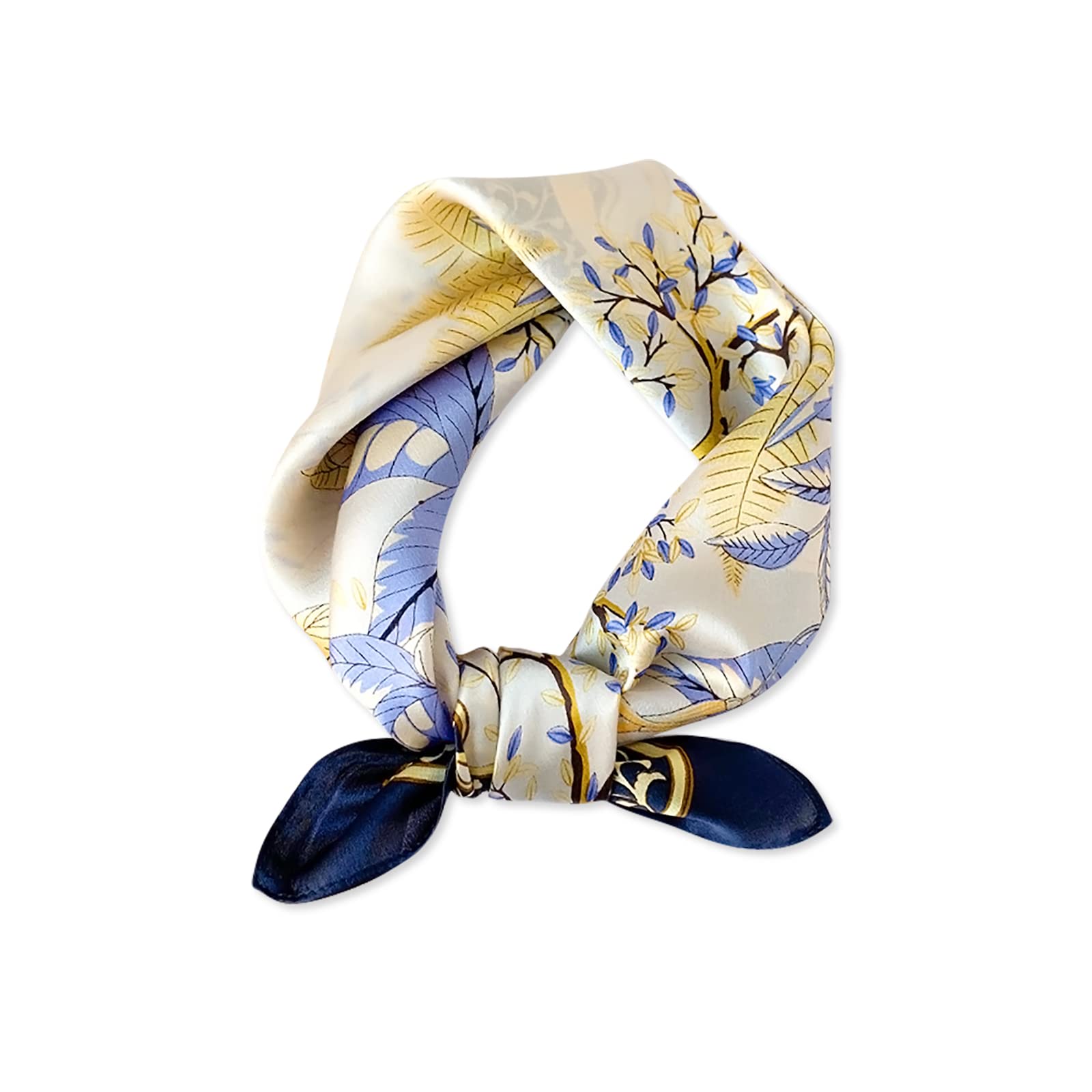 LumiSyne Silk Scarves For Women Artistic Printed Square Scarf Maple Leaf Pattern Satin Silk Neckerchief Headdress Hairband (Navy Blue)