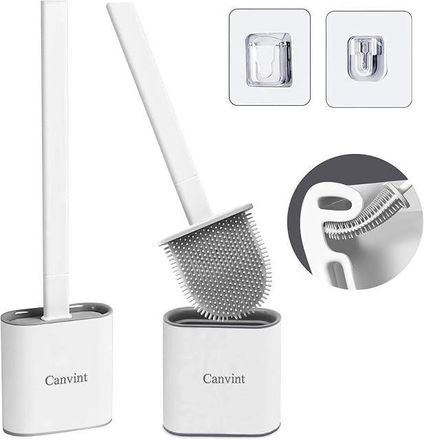 Toilet Brush, 2 Pack Bathroom Silicone Toilet Brushes and Holder Sets with No-Slip Long Plastic Handle and Soft Flexible Bristles, Toilet Brushes with holders and Base for Anti-drip (White)