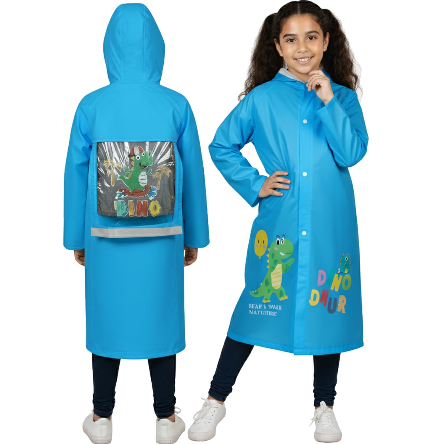 HACER Raincoat for Kids 8-10 Years Long Rain Jacket Boys Girls Rainsuit Waterproof Children Rainwear with Hood School Bag Cover & Carry Pouch (Pack of 1, 2XL, Dino Print, Blue)