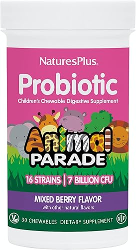 NaturesPlus - Probiótico Animal Parade, bayas mixtas, 30 masticables, suplemento de digestión para niños, apoya la salud intestinal y la función