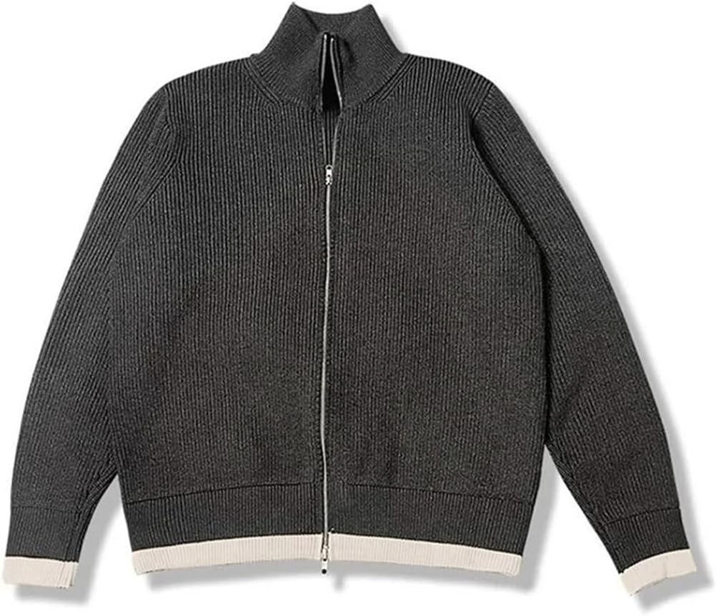 Winter Lambswool Cardigan Casual Loose Gray Zipper Knitwear Color Clash Long-Sleeved Men's Sweater