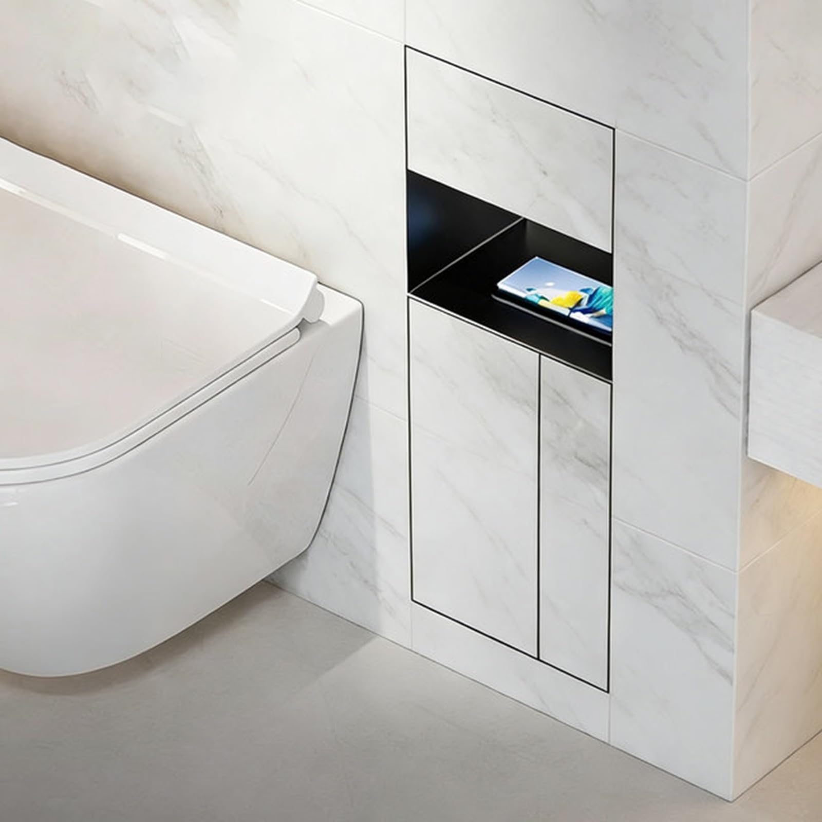 4-in-1 Shower Recessed Storage Shelf with Toilet Paper Holder, Tileable Concealed Bathroom Trash Can with Brush Bin for Commercial Restroom & Home Villas(1 Pack)