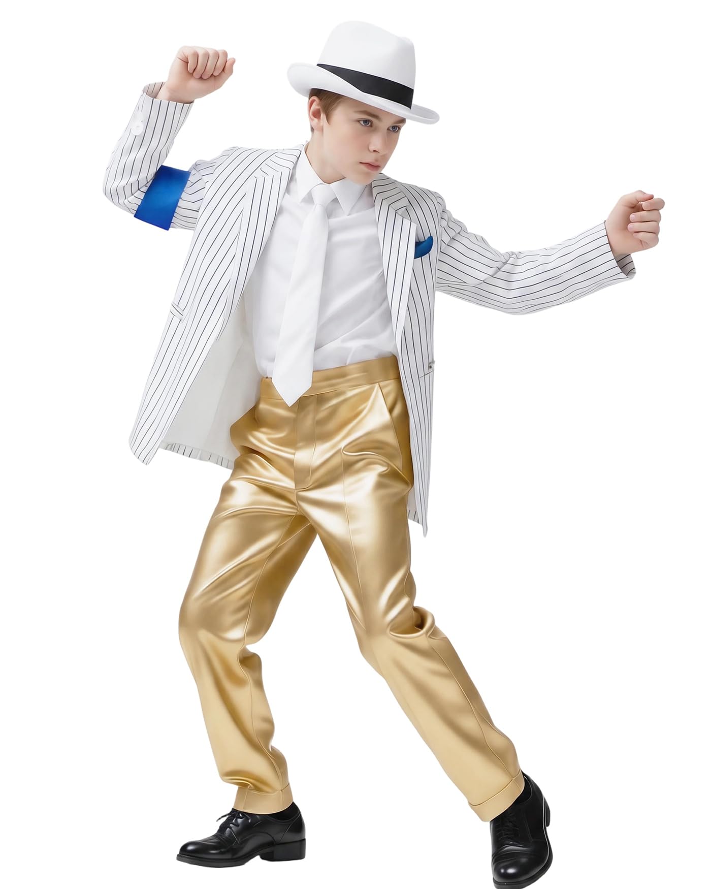 Koongso Pop King MJ Blazer Suit, Rocksatr Dancer Michael History Tour Stage Outfits - Pinstripe Jacket & Gold Pants, Hat, Tie, Party Casual Dress Set — image 1