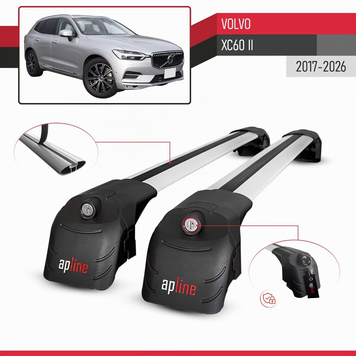Compatible con Volvo XC60 II 2017-2026 Modelo Ace-2 Barra de Techo Auto Portaequipajes Barras Transversales Gris Aluminio 2 Barras