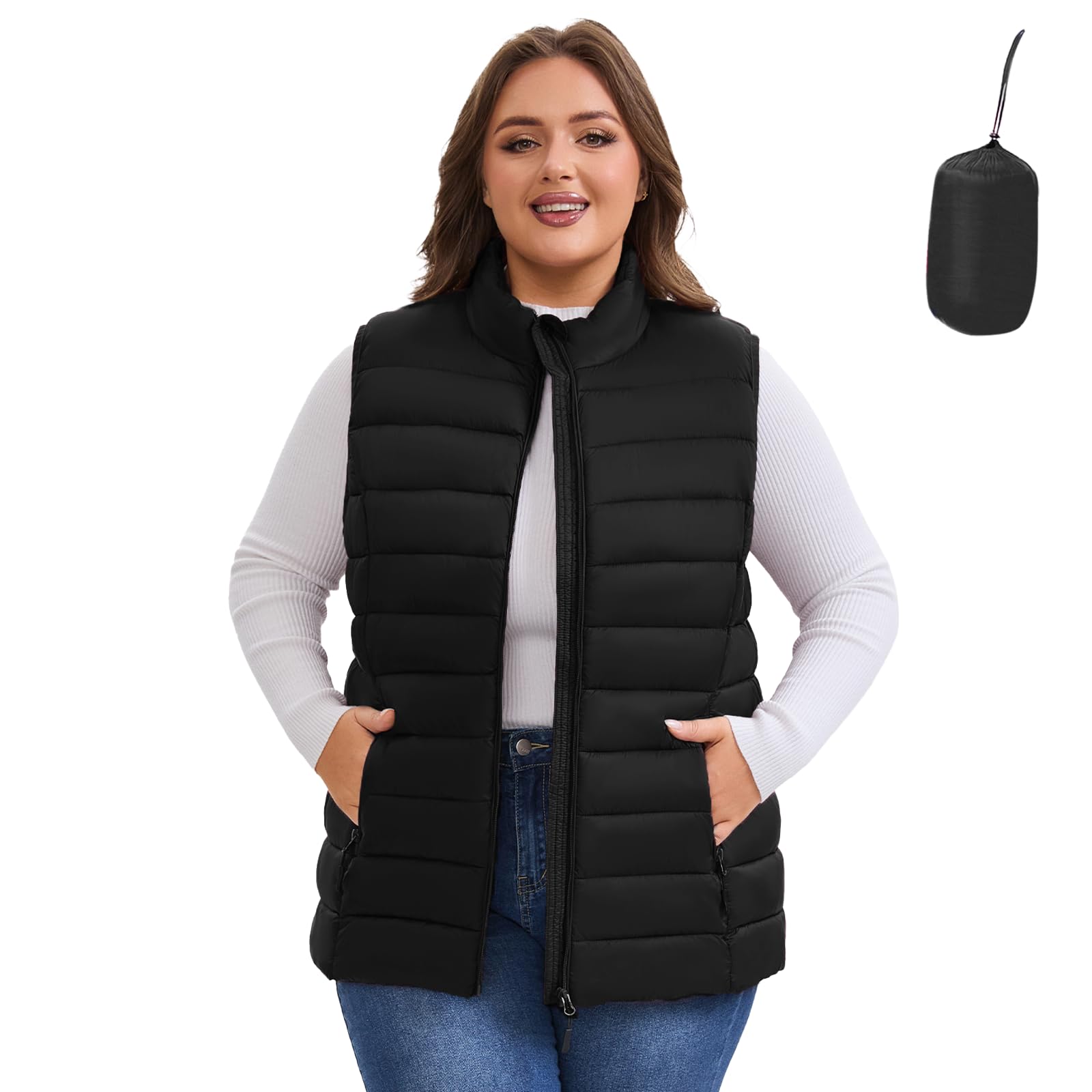 POEMDORA Plus Size Puffer Vest for Women 1X-6X Packable Lightweight Quilted Winter Puffy Vest (Black,6X)