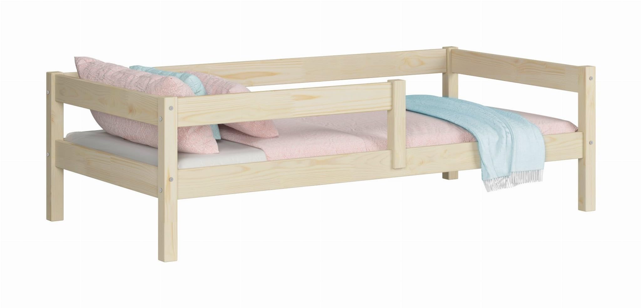 KOBI Letto per bambini 120x60 cm, con ringhiera - Letto da terra Primo in legno di pino naturale