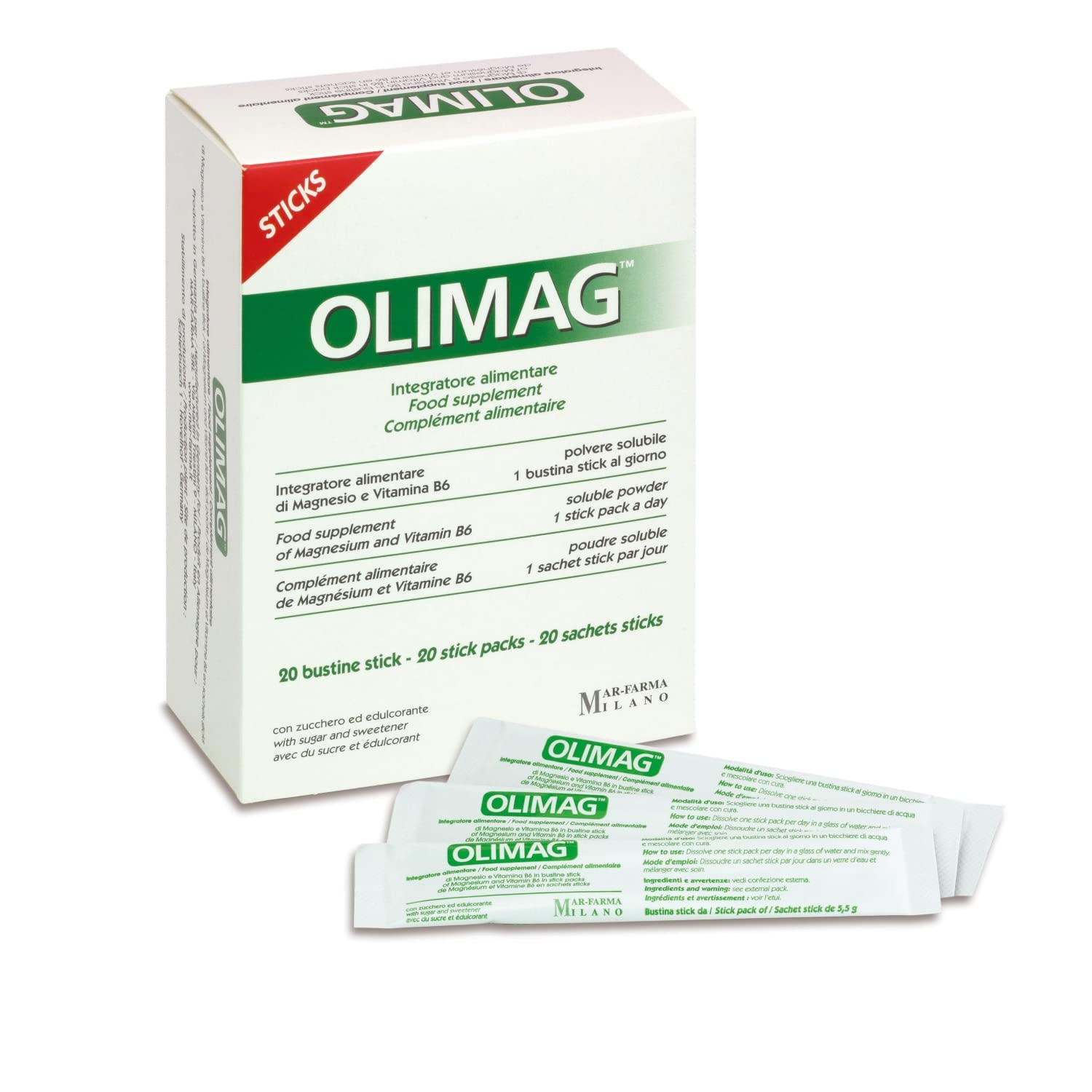 MAR-FARMA Olimag, High Absorption Magnesium with Vit B6, 20 Stick Packs
