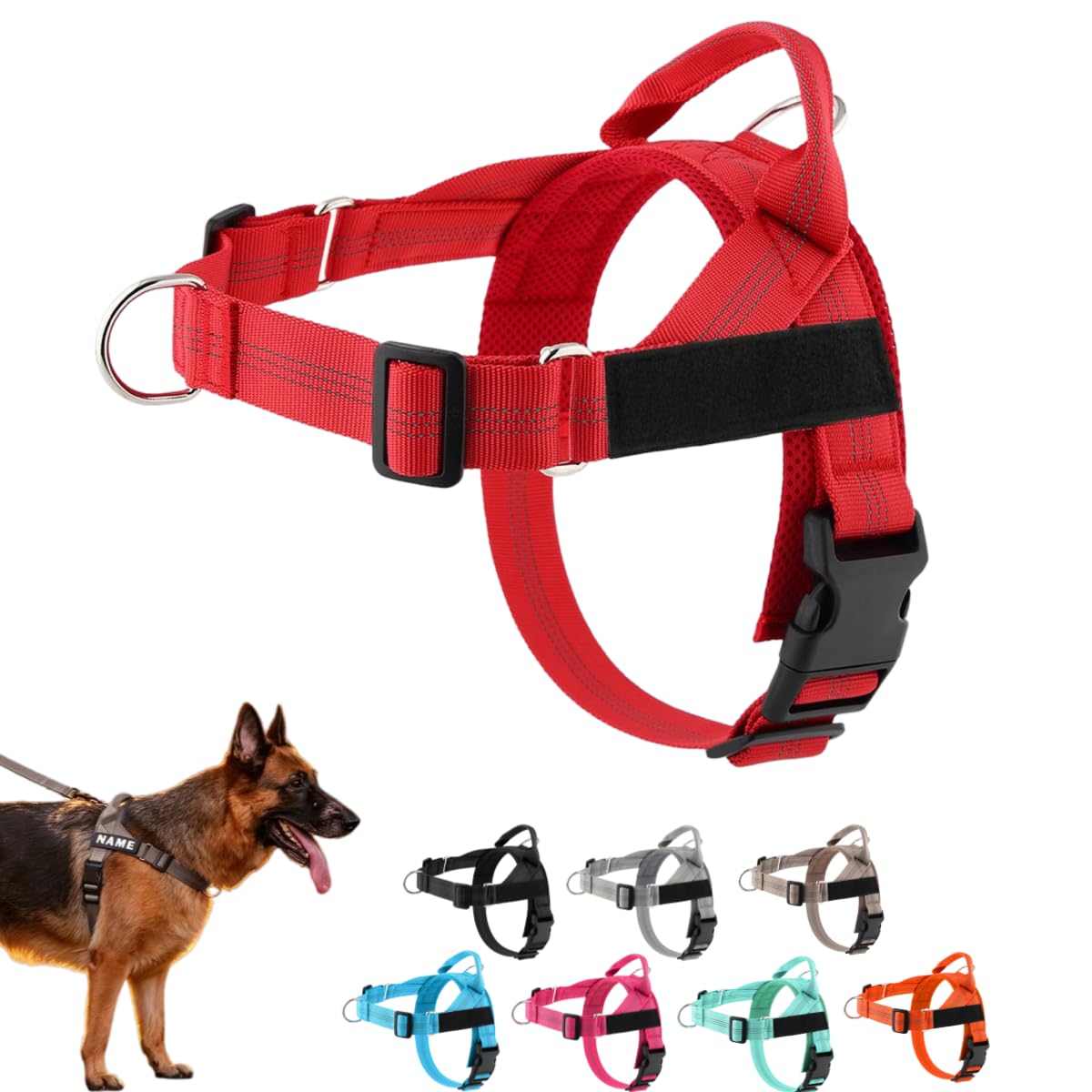 No Pull Dog Harness, Front Clip Adjustable Pet Vest, Breathable Soft Padded Material, Neck & Chest Adjustable, Heavy-Duty D-Ring, Reflect-Stitching, Sturdy Handle, for Small To Large Dogs (1pc-RD, M)