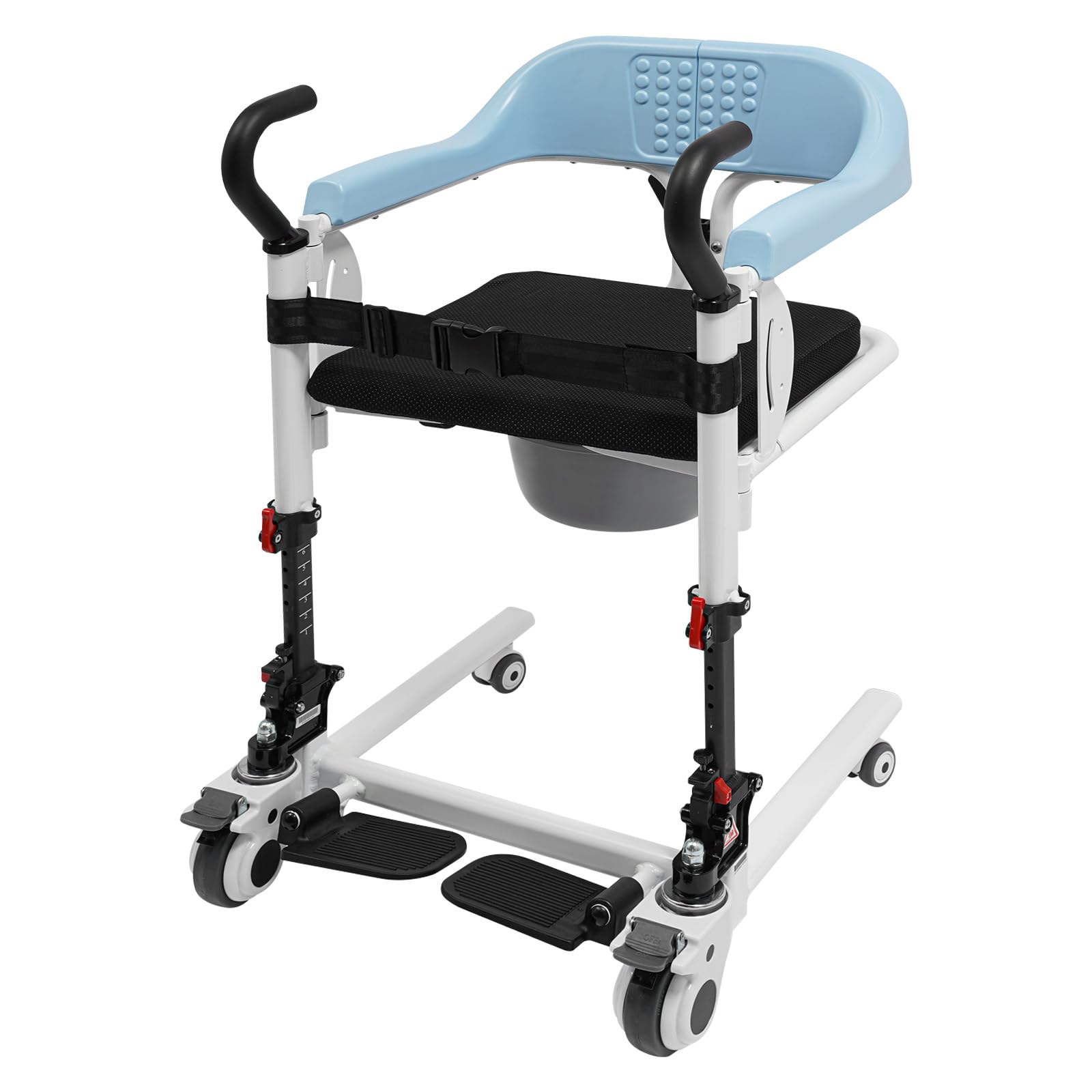 Silla elevadora de pacientes 4 en 1, altura regulable de 82 a 96 cm, plegable, aluminio, capacidad de carga de 120 kg, asiento de 180°, con ruedas de freno, cubo extraíble, para personas mayores en