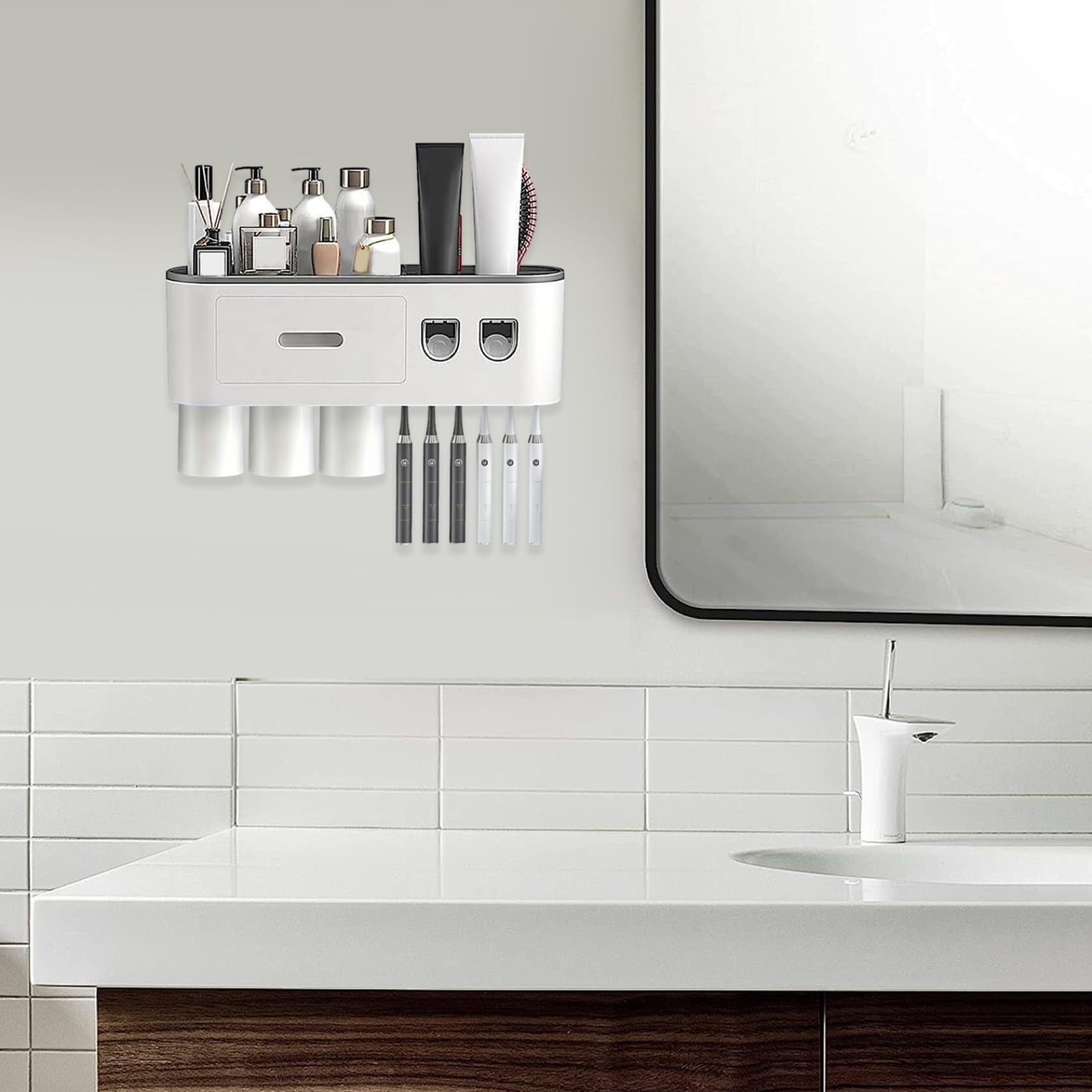 Soporte de pared para cepillo de dientes, dispensador automático de pasta de dientes con 3 tazas magnéticas, 6 ranuras para cepillo, bandeja de almacenamiento y cajón para baño