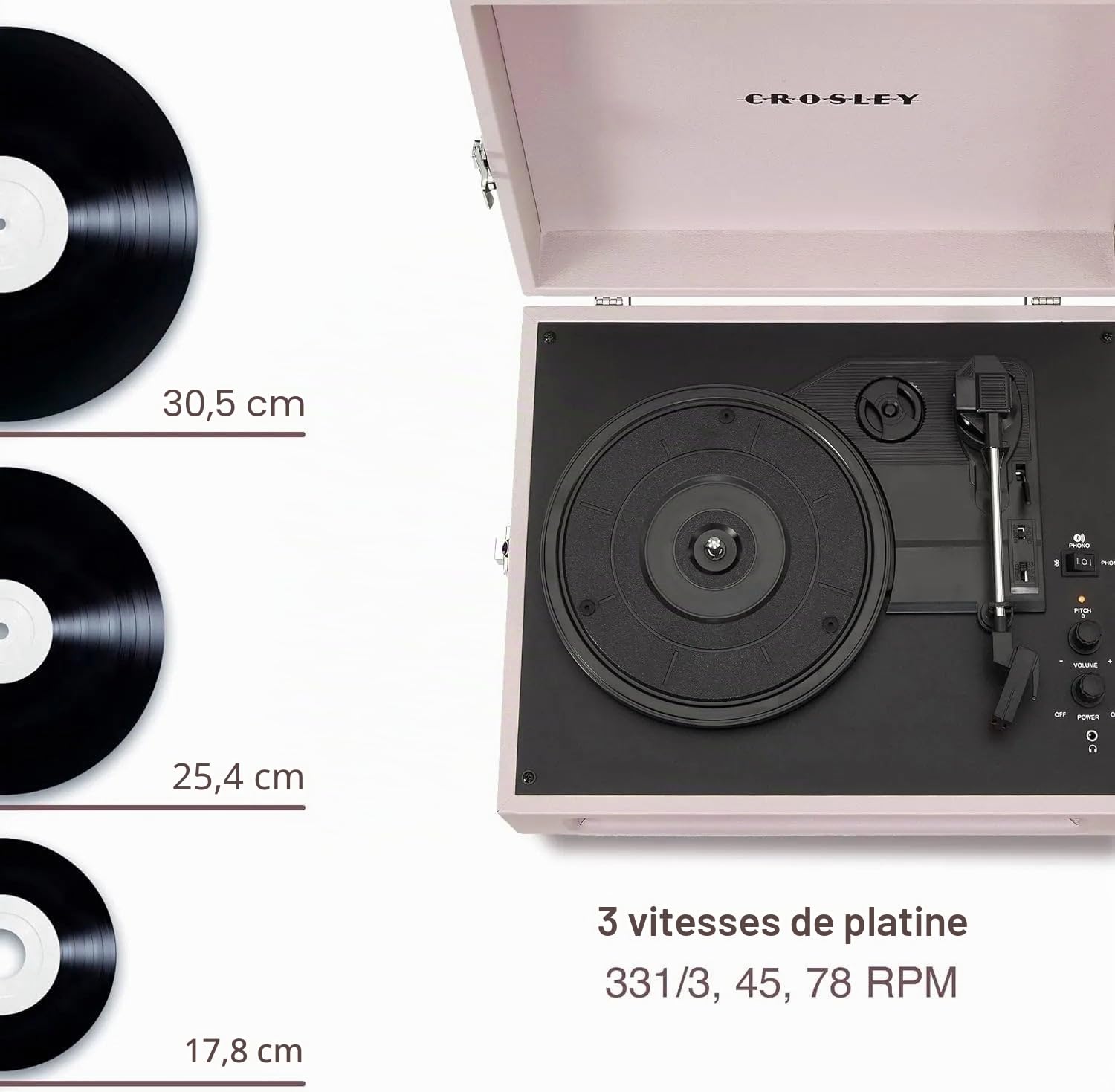 Crosley Voyager Tourne-Disque avec 2 Haut-parleurs, Bluetooth in & Out et AUX - Tourne-Disque Vintage à 3 Vitesses - pour vinyles de 7", 10" et 12" - Portable avec étui intégré (Améthyste.)