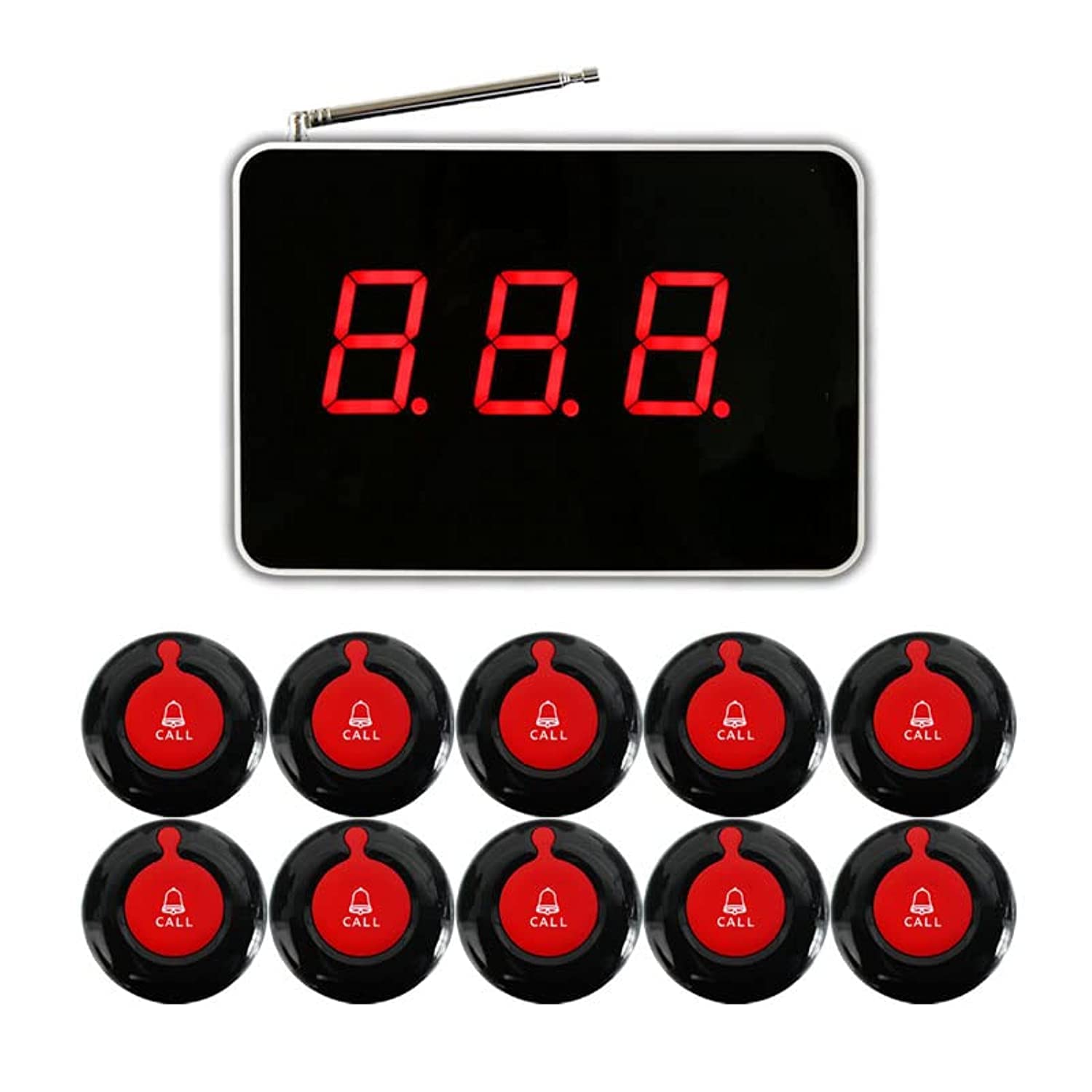 Wireless Calling System Customer Paging System for Restaurant Clinic Hospital Nursing Home Church Office Cafe Shop 1 Display Receiver and 10 Waterproof Call Button (black-red call button)