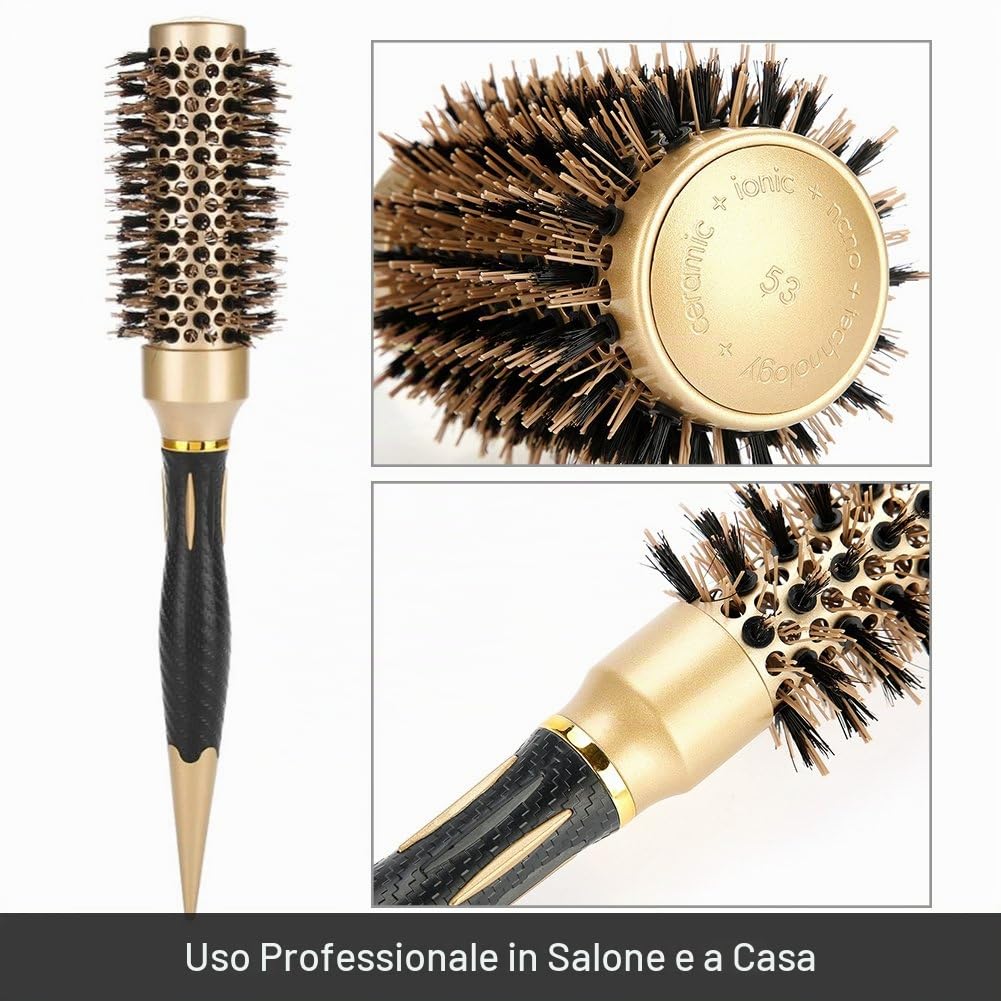 Spazzole Rotonde, 4Pcs Spazzola per Capelli Rotonda in Ceramica Termica per Asciugatura a Soffio, Portatile Anioni Professionali Pettine per Parrucchiere Grandi Styling Pettine,d'oro