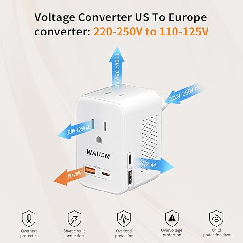 Miniatura 8 de Convertidor de voltaje de 220 V a 110 V, 20 W PD, reduce 220 V a 120 V, convertidor de viaje de Estados Unidos a Europa para más de 80 países,