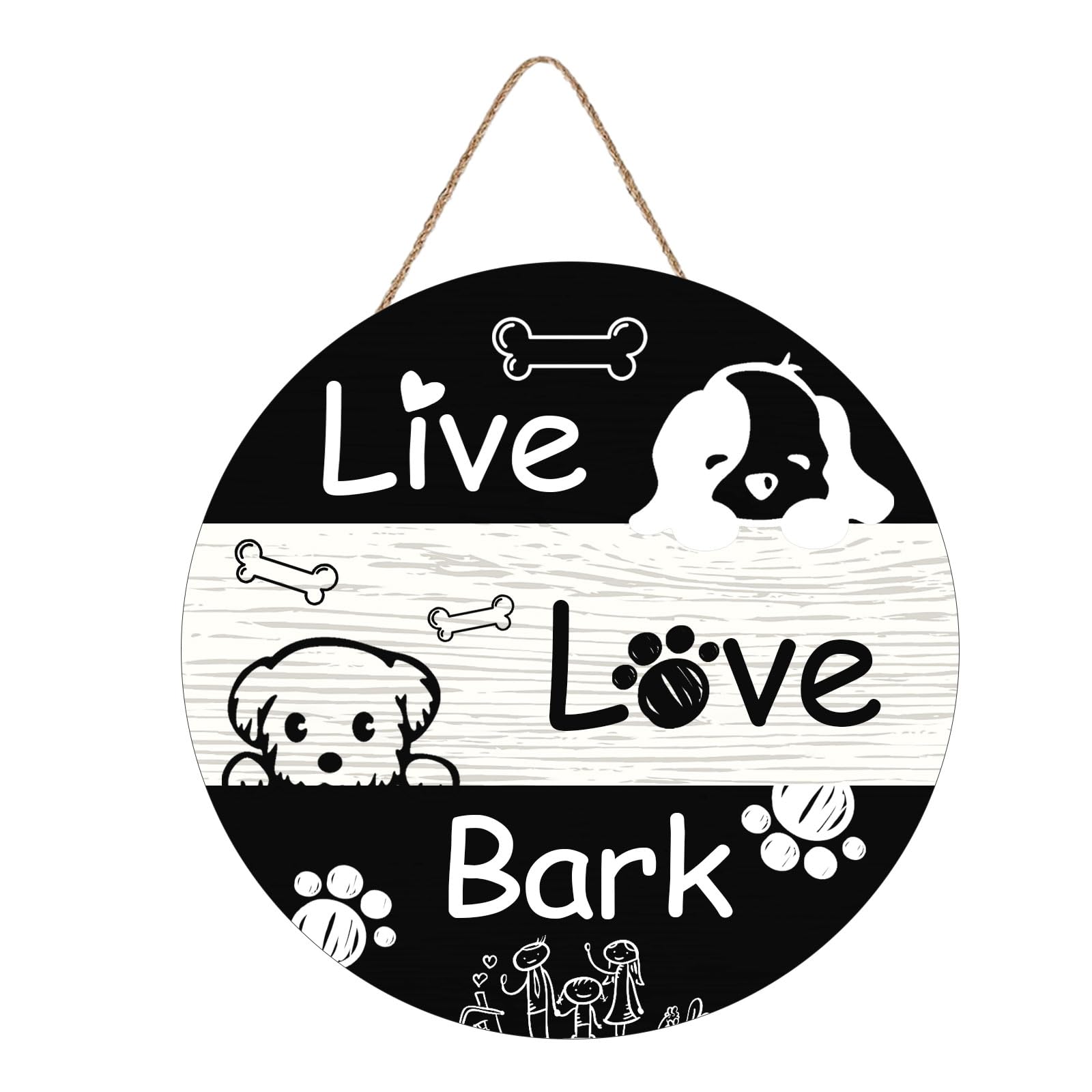 Aowotu Live Love Bark Front Door Sign Funny Hanging Wooden Plaque Decoration Round Rustic Wood Farmhouse Porch Decor for Home Front Door Decor, 12 x 12 Inch