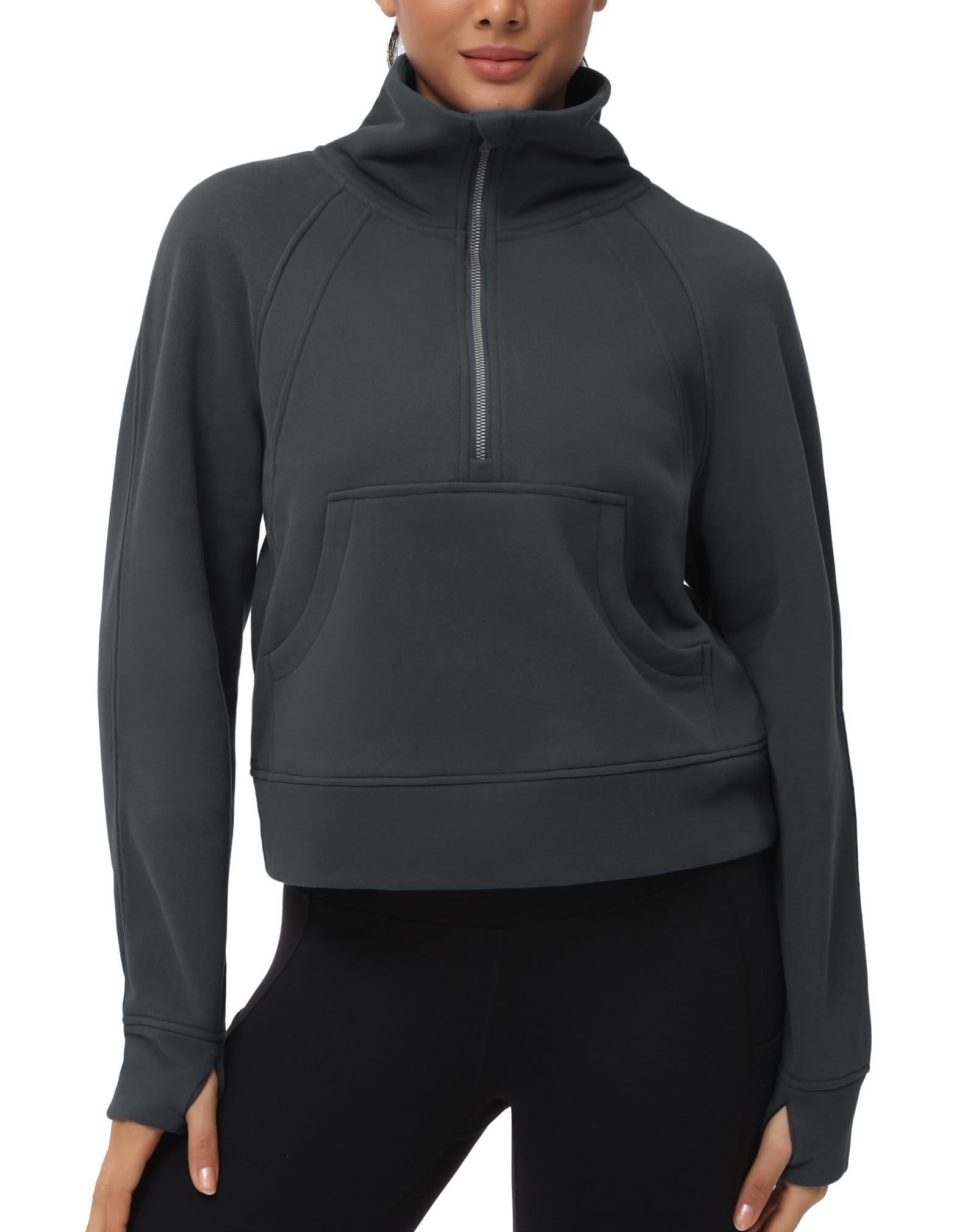 THE GYM PEOPLE Womens' Half Zip Pullover Fleece Stand Collar Crop Sweatshirt with Pockets Thumb Hole