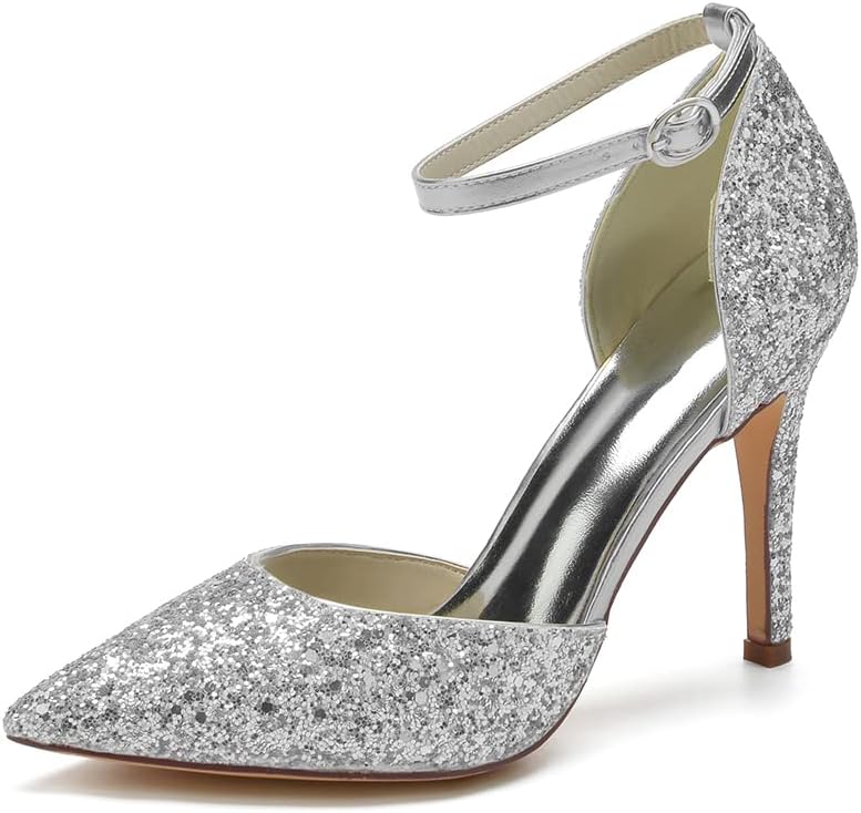 Women's Glitter Ankle Strap Toe Pumps 9.5cm