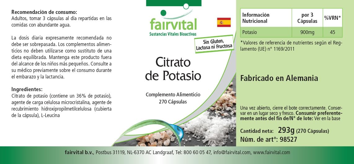 fairvital Citrate de potassium en gélules, HAUTEMENT DOSÉ, 300mg de potassium par gélule, VÉGÉTALIEN, Potassium Citrate, 270 gélules