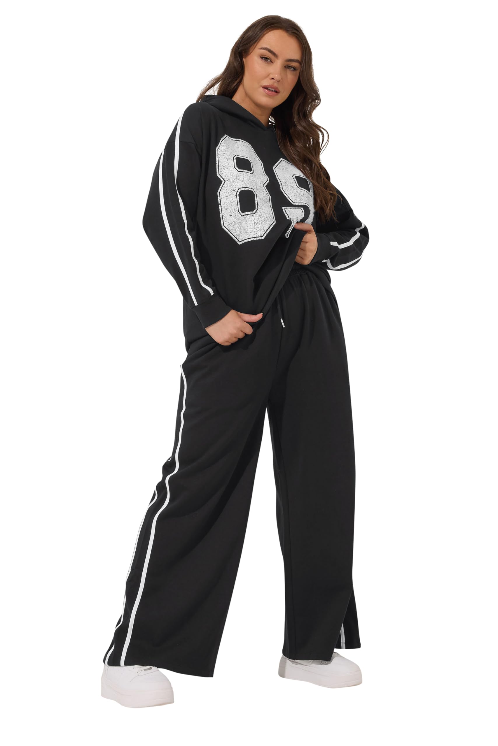 Yours Wide Leg Side Stripe Joggers Black Elasticated Waistband Jersey Fabric - Size 18