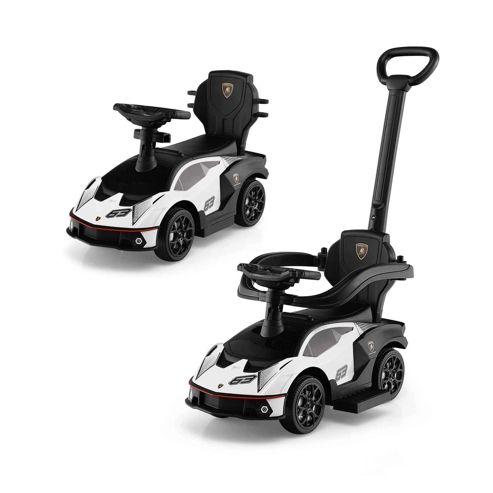 COSTWAY Lamborghini 3 in 1 Children's Push Car with Handle, Steering Wheel, Detachable Rail, Storage Box, Horn Function, for Children 12-36 Months (White)