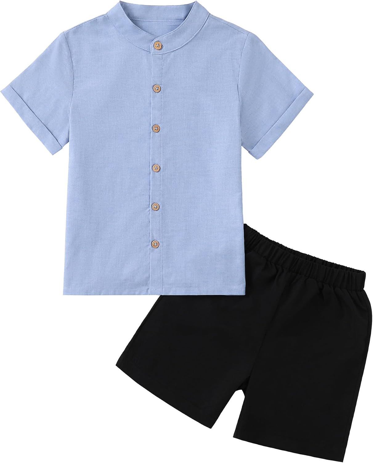 Boys Summer 2 Piece Outfit Set: Short Sleeve Mandarin Collar Button Down Shirt & Casual Shorts Set 7-14 Years