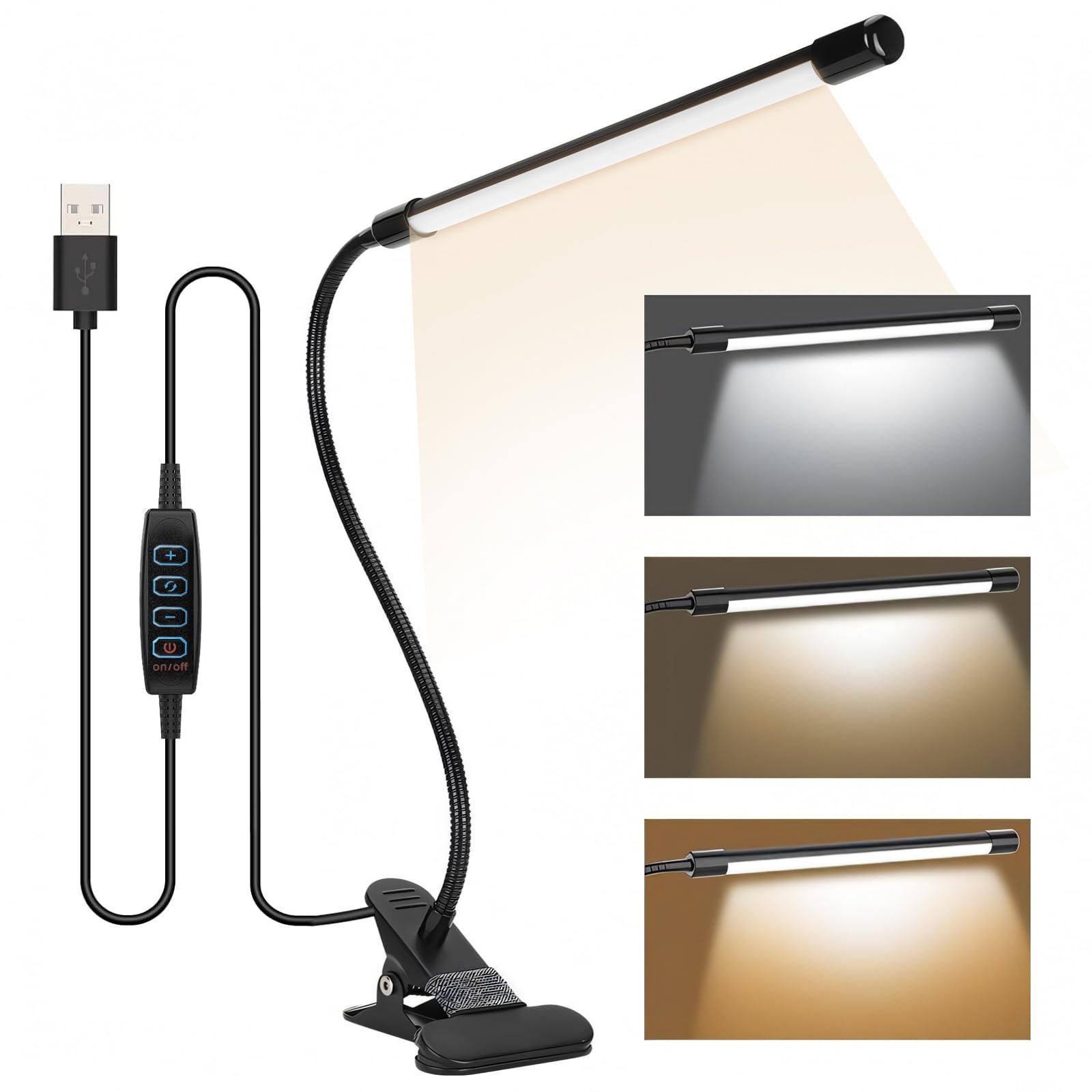 KOOSREEL Desk Lamp Clip On Clamp Light & 3 Light Mode 10 Dimmable Brightness Eye Caring Book Adjustable for Reading Studying Working Video Conference Lighting, Black