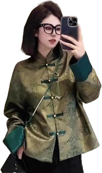 HSQIBAOER Womens Chinese Tang Suit Coat Vintage Print Silk Spring Autumn Button Jacket for Women