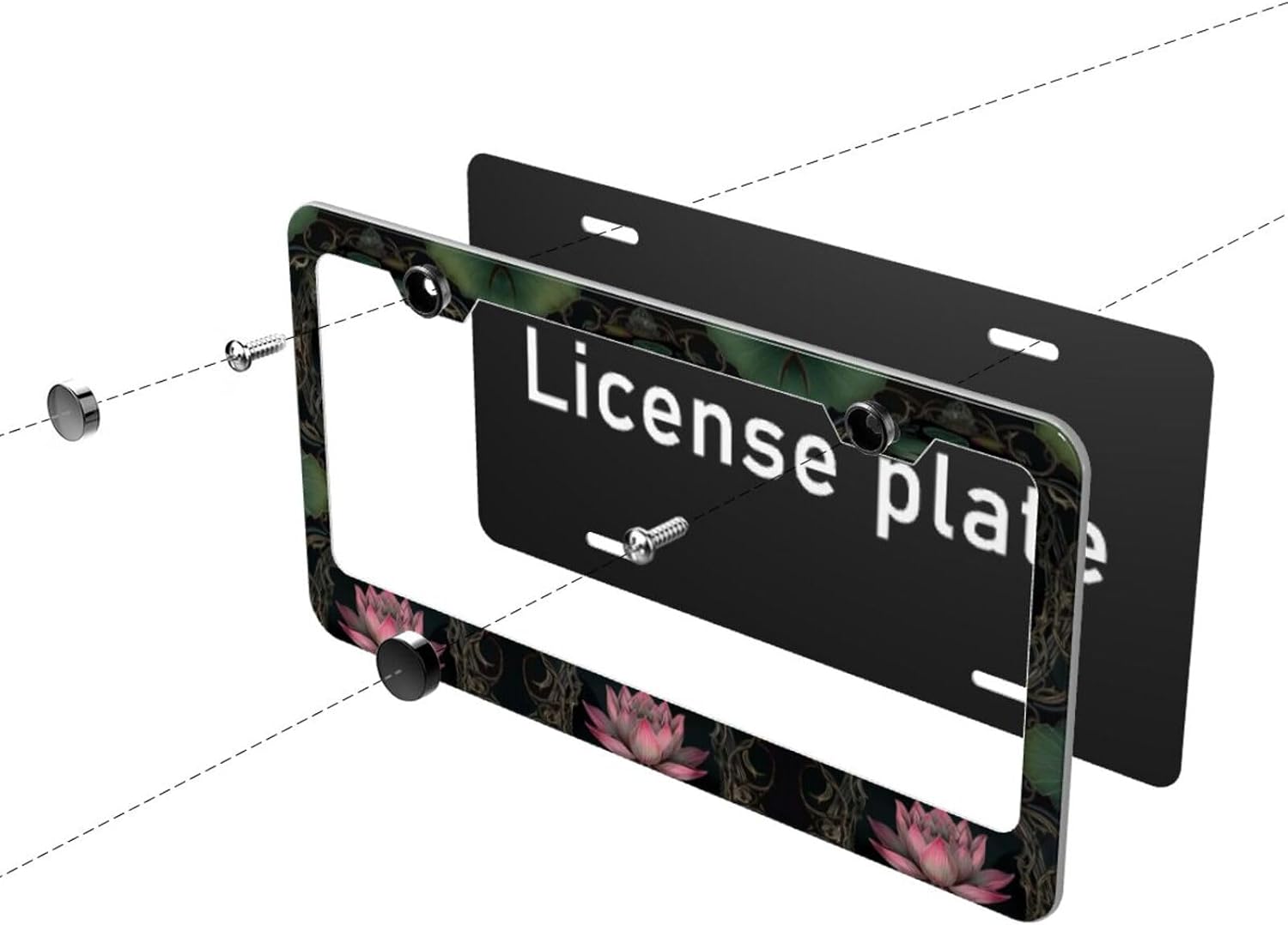 Colorful Lotus Flower Matte Aluminum License Plate Frame with Black Screw Caps，2pcs 2 Holes Black Licenses Plates Frames,Car Licenses Plate Covers Holders for Us Vehicles/Women/Men
