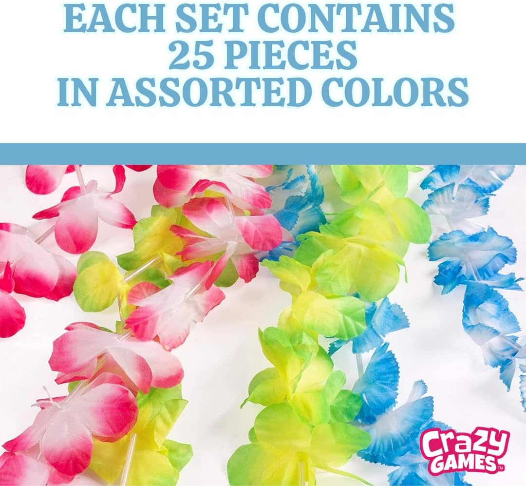 25 Count Hawaiian Leis Set Bulk for Kids & AdultsTropical Luau Flower Lei, Multicolor Party Favors for Hawaii Decor Birthday, Beach Wedding, Easter Parties & Holiday Decorations