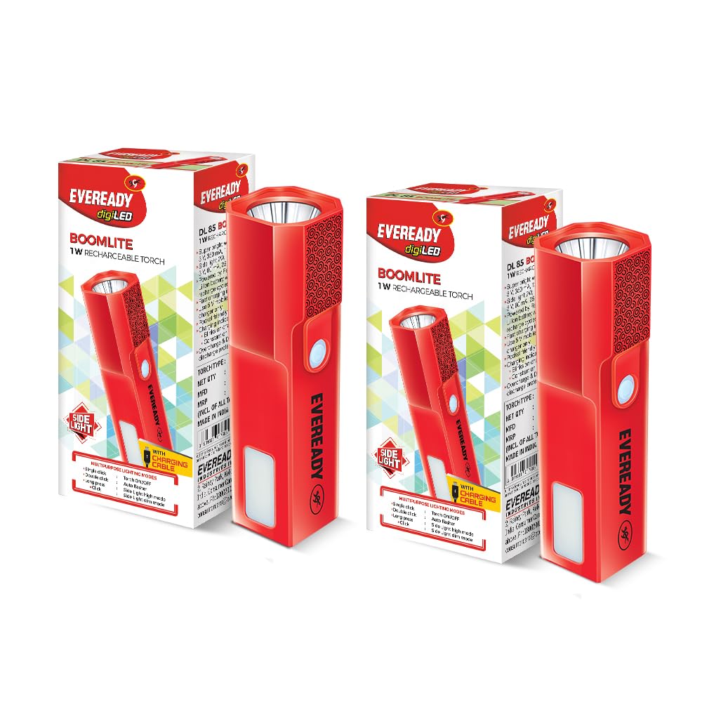 Eveready Boomlite Rechargeable Torch | DL85 | 4 Lighting Modes | 1W Torch & 2W Emergency Side Light | ECT Technology with Micro USB Charging Cable | Red, Yellow, Blue & Black (B0CFTTZR4K) Amazon Price History, Amazon Price Tracker