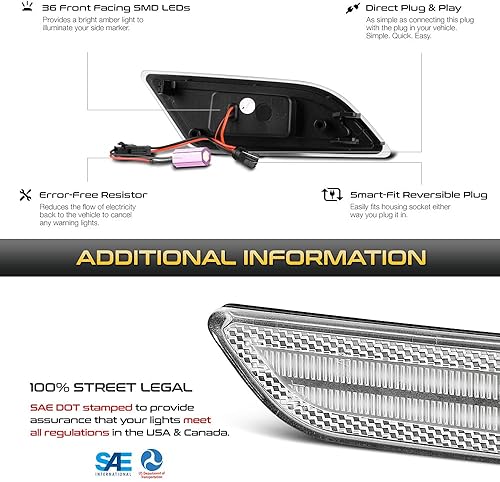 Miniatura 5 de VIPMOTOZ Lámparas reflectoras de marcador lateral LED ámbar delanteras compatibles con 2012-2014 C250 C300 C350 W204 Mercedes Benz lente