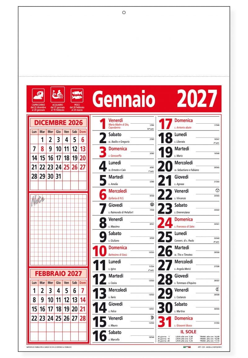 100 Calendari Da Parete 2027 - Calendario trimestrale note rosso - 28,8x47 - personalizzati con logo - Personalizzabile - Collezione 2027-100 pezzi