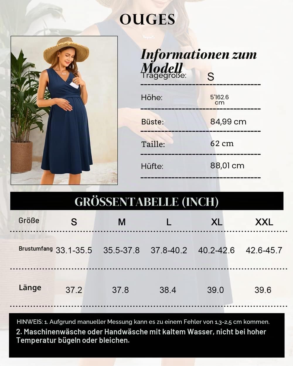 OUGES Damen Sommer Umstandskleid Midi Stillkleid Baumwolle Kleider für Schwangere Lässiges Umstandsmode mit Taschen