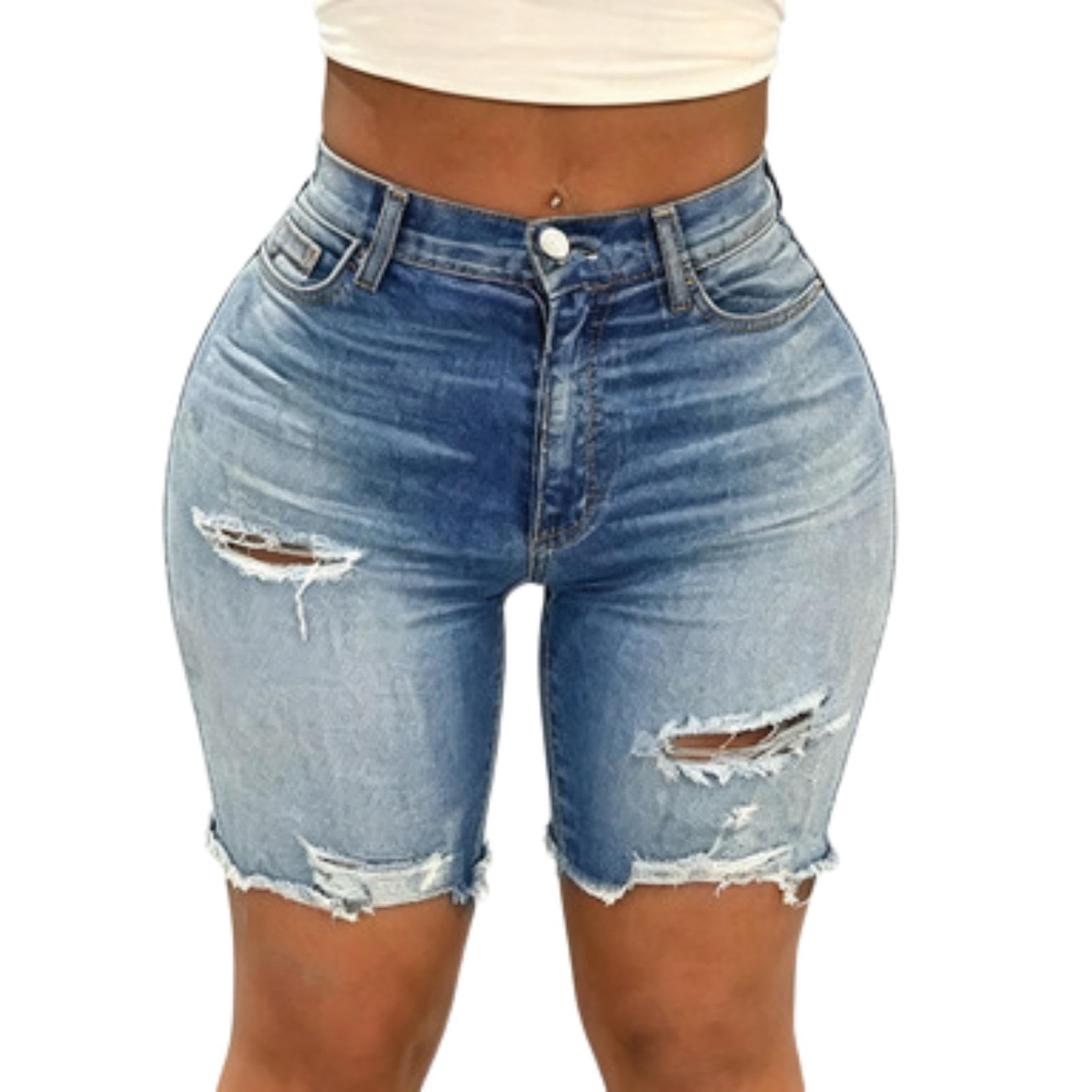 Generico Shorts Bermuda Donna Vita Alta Strappi Lavaggio Chiaro Casual Estate