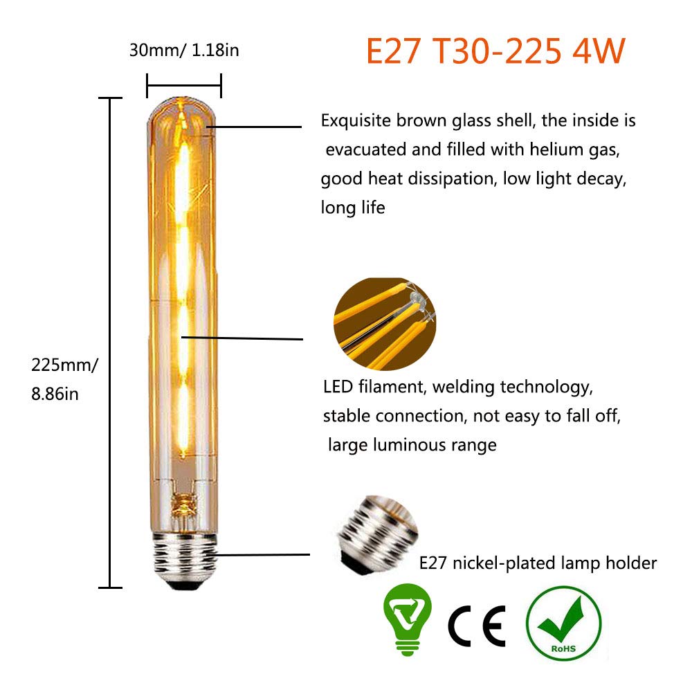 T30 E27 Filament LED-Lampen Warmweiß 2700K, 225 mm lange Röhren-LED-Lampen Edison Retro Vintage dekorative Röhren-Glühbirnen E27 4W (40 W Schrauben-Halogenlampe ersetzen)10 Packungen