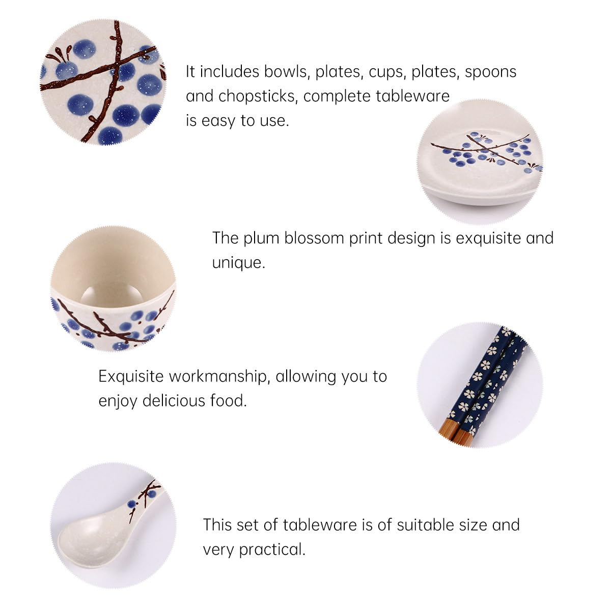 Assiette Vaisselle Pratique Cuillère Bol et Tasse en Céramique et Bois Service de Table Japonerie 6 Pièces Baguettes Personne