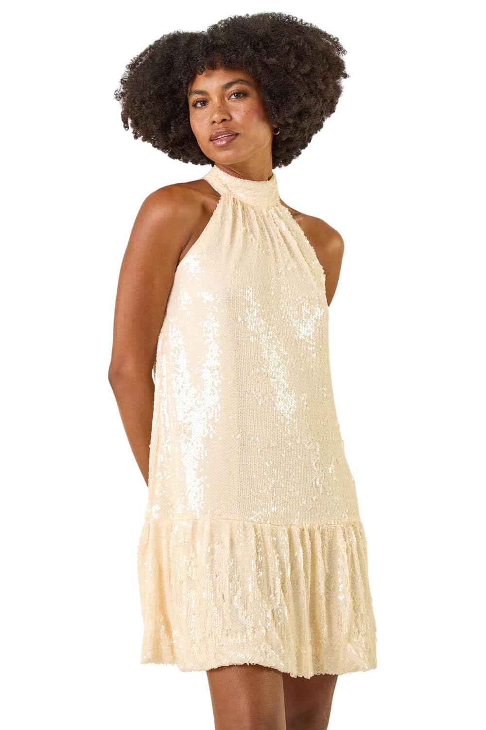 Roman Women's Cream Sequin Bow Back Dress In Size 14