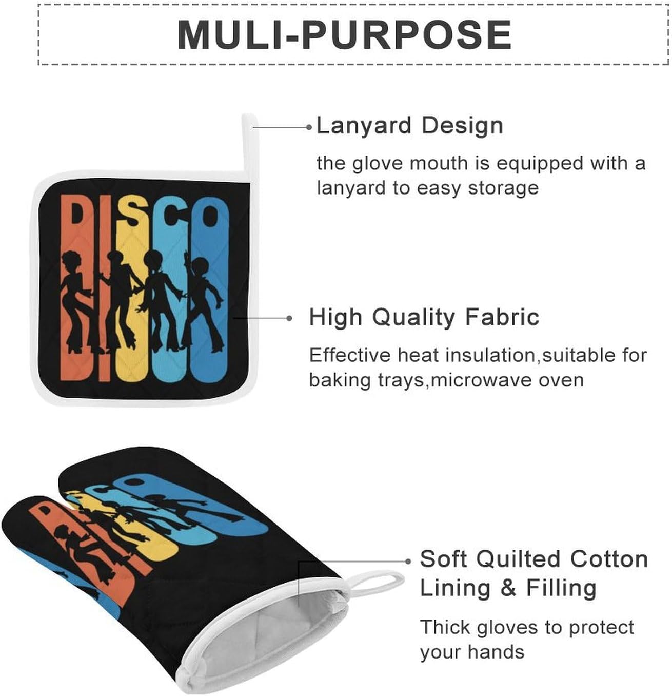 Vintage 1970's Disco Print Oven Mitts and Pot Holders 3 Piece Sets Heat Resistant Gloves Hot Pads Potholders for Kitchen Baking Cooking