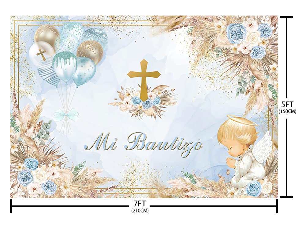 Fotohintergrund Taufe „Mi Bautizo“ – 2,1x1,5 M, Blau-floral Mit Goldglitzer – Aus Vinyl, Für Fotoshootings