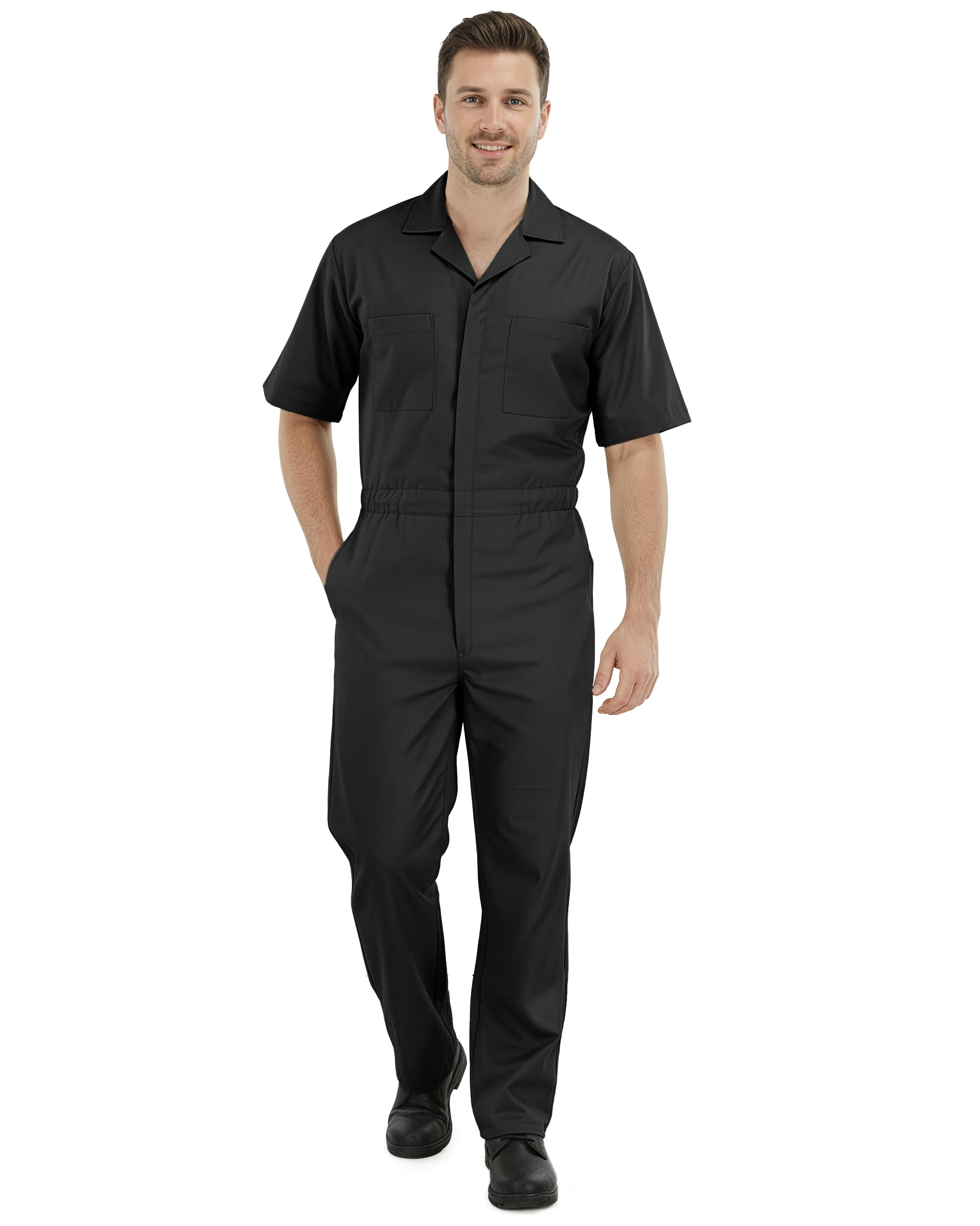 ny threads coveralls for men short sleeve relaxed fit lightweight mechanic work wear jumpsuit with pockets, x-large, black