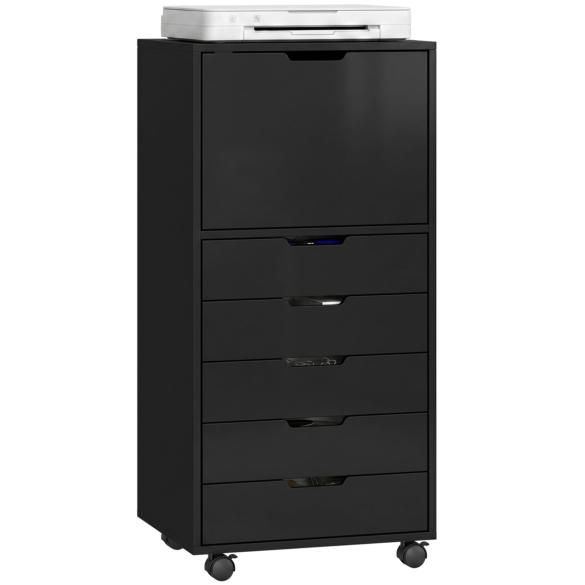 HOMCOM Schedario da Ufficio con 5 Cassetti Soft-Close 48x40x100 cm Nero | Armadio, Ruote a Freno, Cassettiera Scrivania per Documenti, Cassettiera Ufficio per Studio Sotto Scrivania