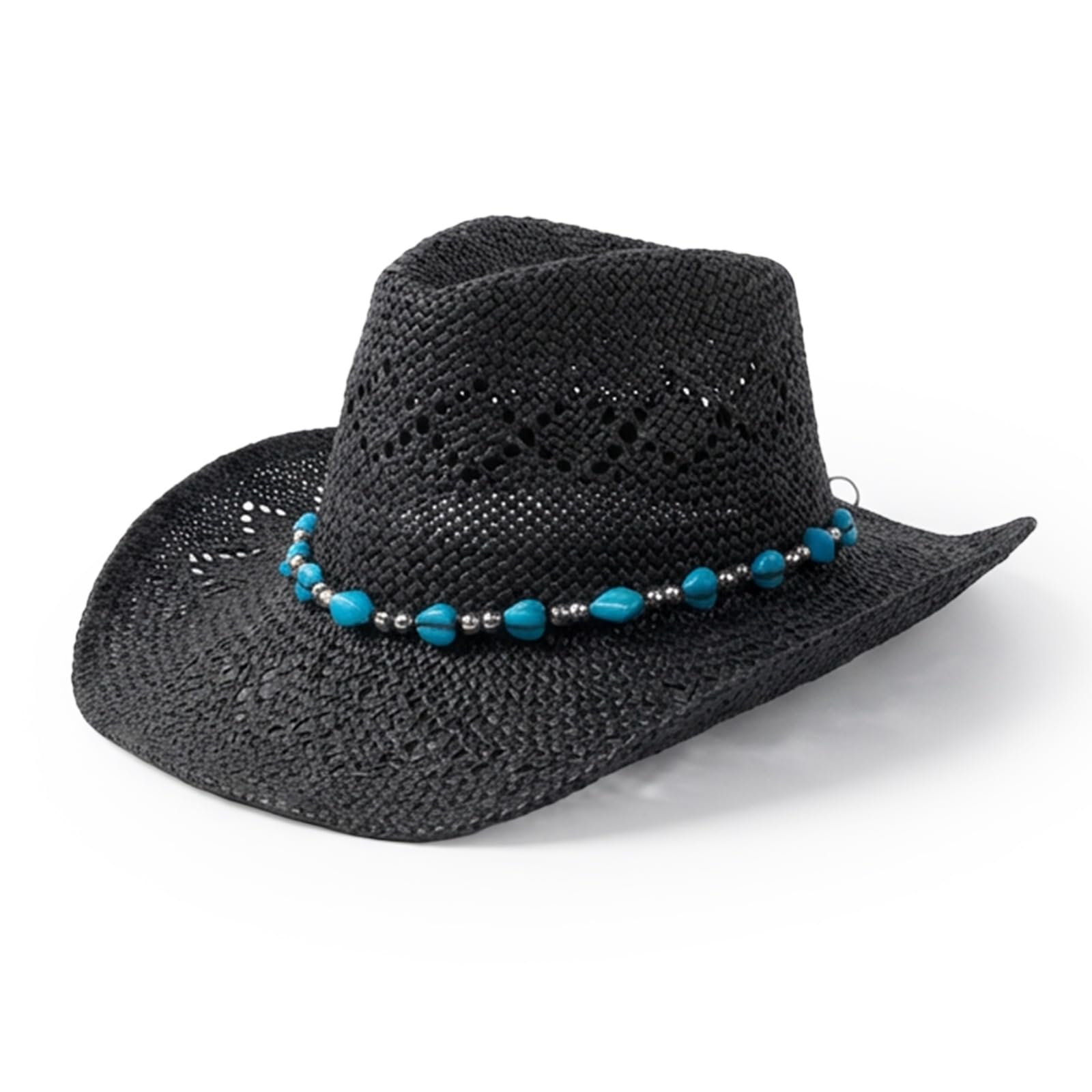 Chapeau de cowboy en paille pour femme - Chapeau de cowgirl western avec bordure en perles et bord malléable