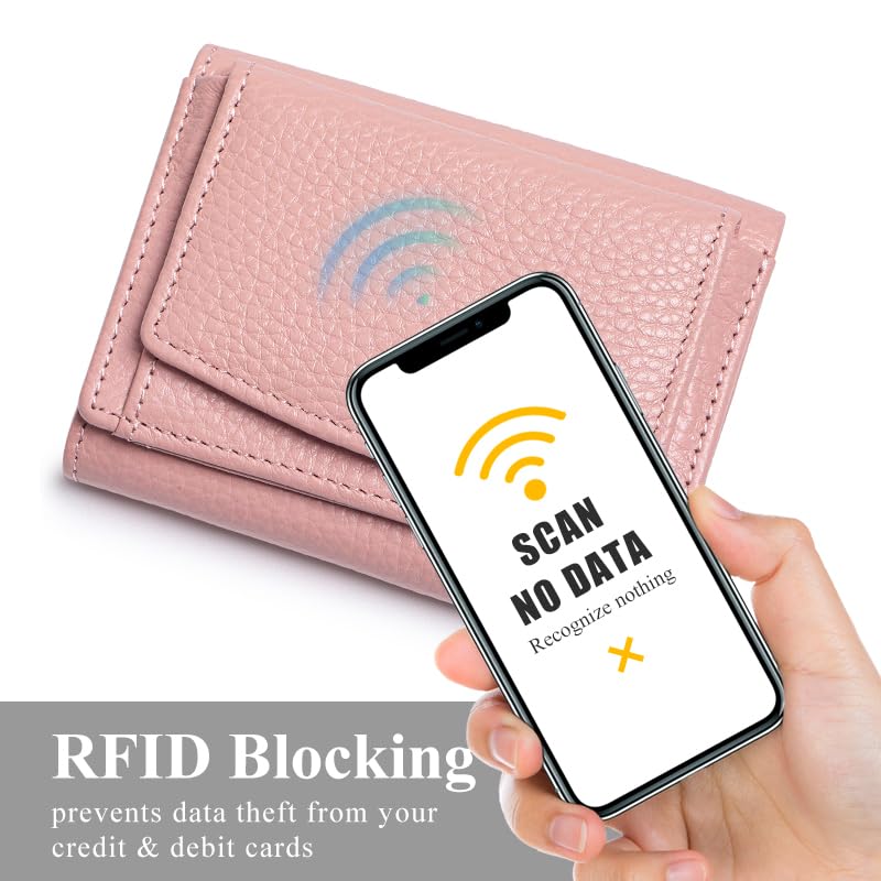 Image of Small Wallet Women Genuine Leather RFID Blocking Trifold Tiny Wallets with Snap Coin Pouch 7 Card Solts