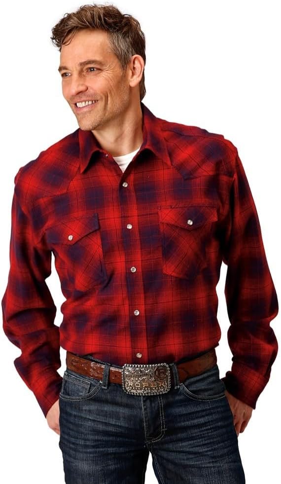 MENS LONG SLEEVE SNAP UNLINED FLANNEL PLAID SHIRT WESTERN SHIRT