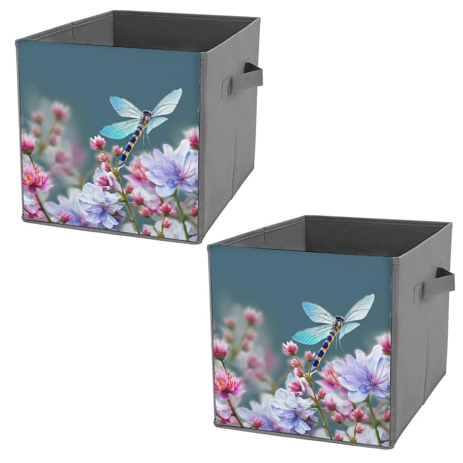 NONHAI Collapsible Storage Bins with Dual Handles Fabric Storage Basket Foldable Cubes Organizer Baskets Dragonfly And Flowers Storage Boxes for Organizing Clothing Cube Storage Organizer Bins