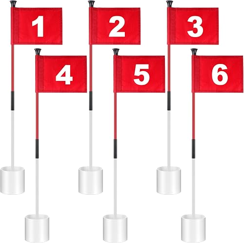 Lenwen 6 Sets Golf Pin Flag Hole Cup Set Practice Putting Green Flags Golf Pole Pin Flagpole Golf Hole Cup Nylon Golf Flags Portable Mini Golf Flag Sticks 2 Section Design for Yard Backyard