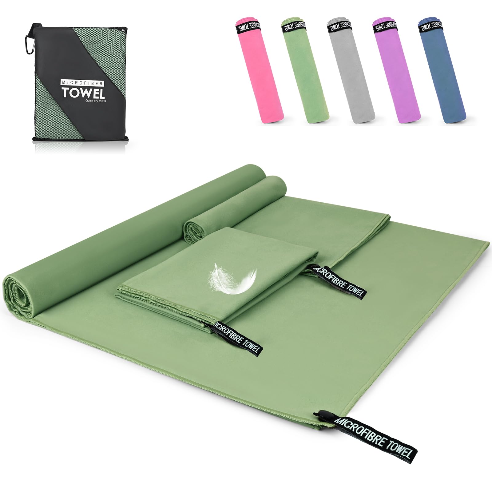 Pfloge® Asciugamano Microfibra Set di 3, 180x80cm Asciugamano Palestra Grande & 2 Pezzi 80x40cm Telo Mare Microfibra, Compatto & Ultraleggero, per Fitness, Sauna, Spiaggia, Viaggi(Verde Scuro)