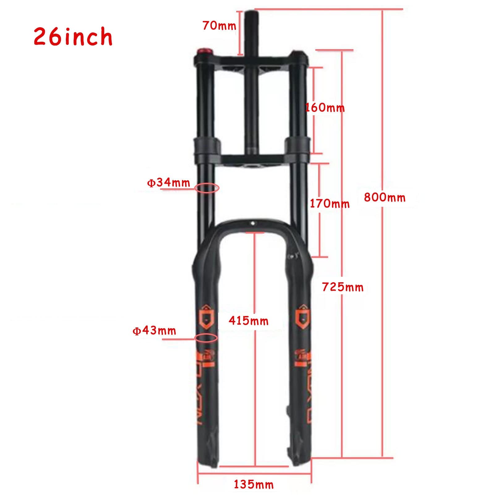 Forcella Anteriore per Bici da Spiaggia/Snowboard da 20/26 Pollici, Forcella a Doppia Spalla in Lega di Alluminio, Escursione 170 mm, Compatibile con Accessori per Bici elettriche.