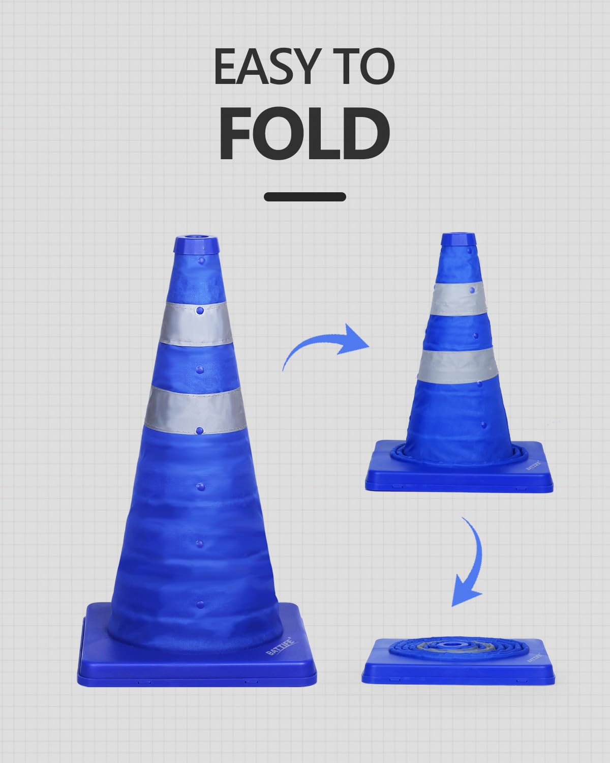 BATTIFE [Lot de 2] Cônes de sécurité pliables avec col réfléchissant, 45,7 cm, pour conduite, stationnement - Bleu