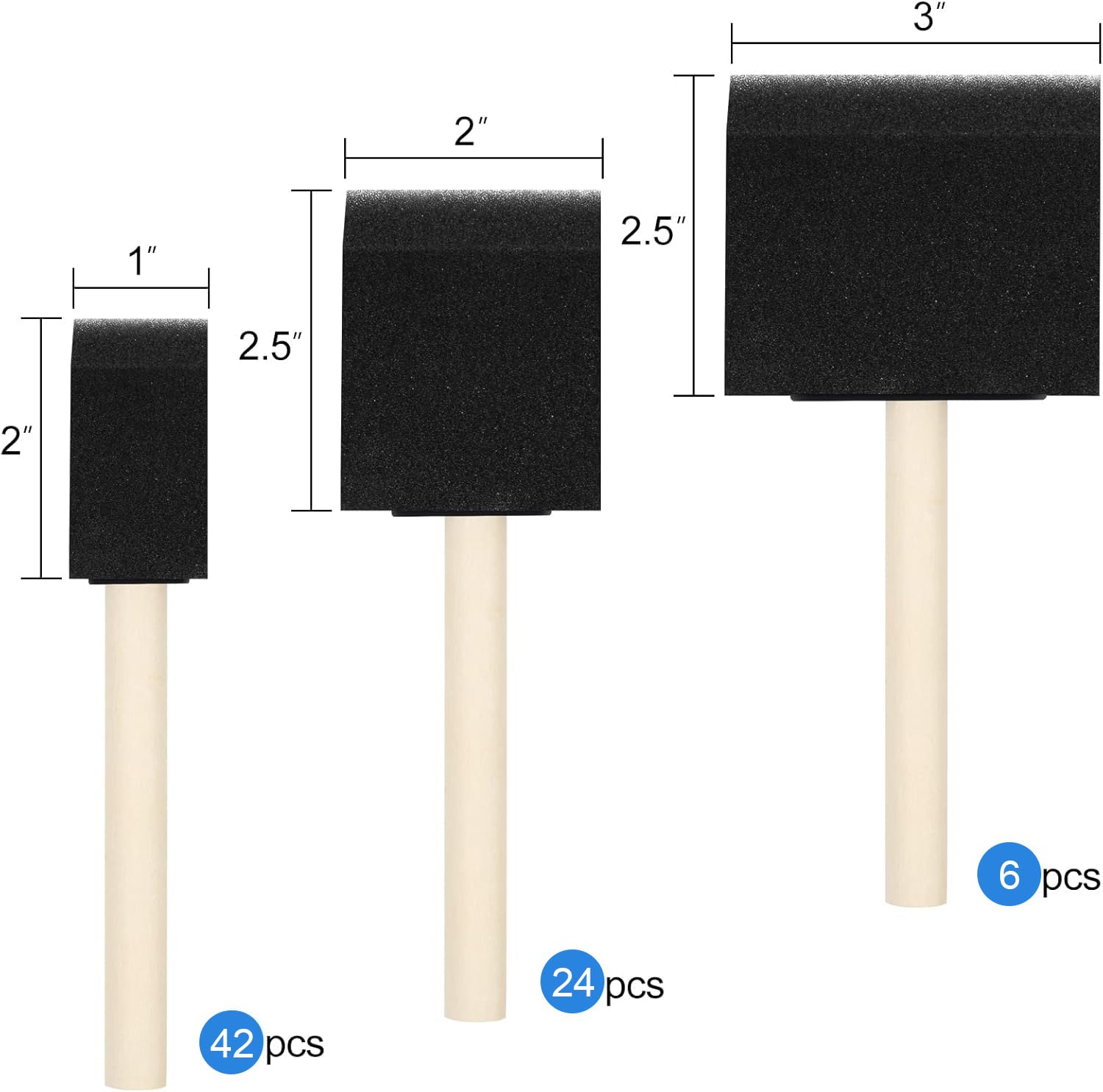 Schaumstoff-Pinsel, Schwammpinsel mit Holzgriff, für Beizen, Lacke und Bastelprojekte (2,5 cm, 5,1 cm und 7,6 cm), 72 Stück